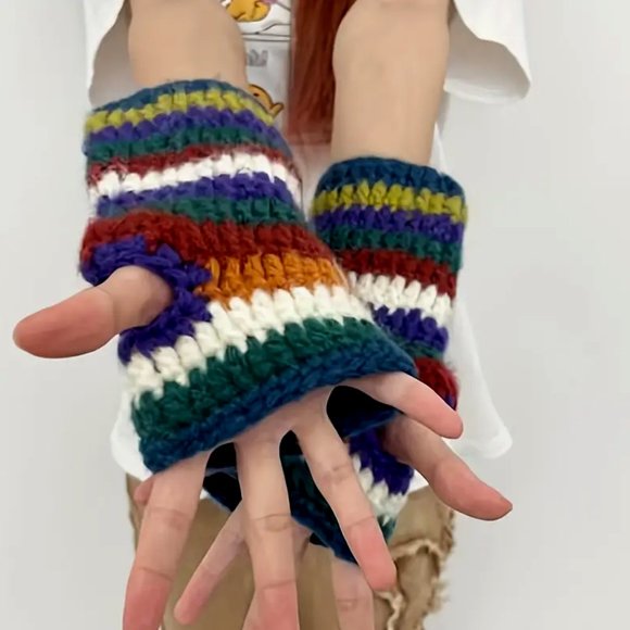 NWOT Vintage Rainbow Striped Crochet • Fingerless Gloves - Picture 1 of 2
